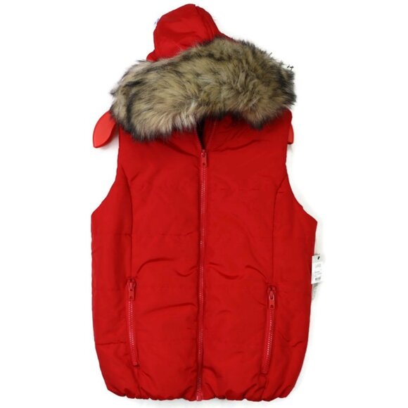 Liz Claiborne Red Quilted Puffer Vest Size L Large Fur Trim Hood Zipper - Picture 1 of 12